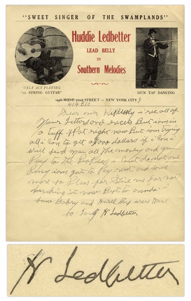 Scarce Huddie ''Lead Belly'' Ledbetter Autograph Letter Signed, Circa Early 1940s -- ''...am in a tuff spot right now but I'm trying all I can to get a $1000 dollars...''